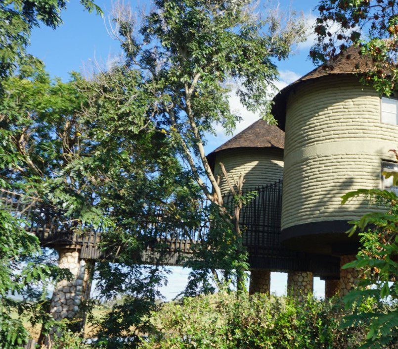 A cozy treehouse hotel nestled in the lush greenery of Kenya, offering stunning views and natural surroundings.